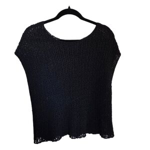 Eileen Fisher Textured Top Black Bateau Neck Cotton Cap Sleeve Shirt Size Small